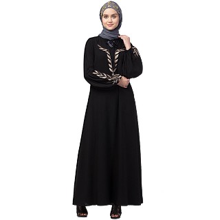 Embroidery abaya with balloon sleeves- Black